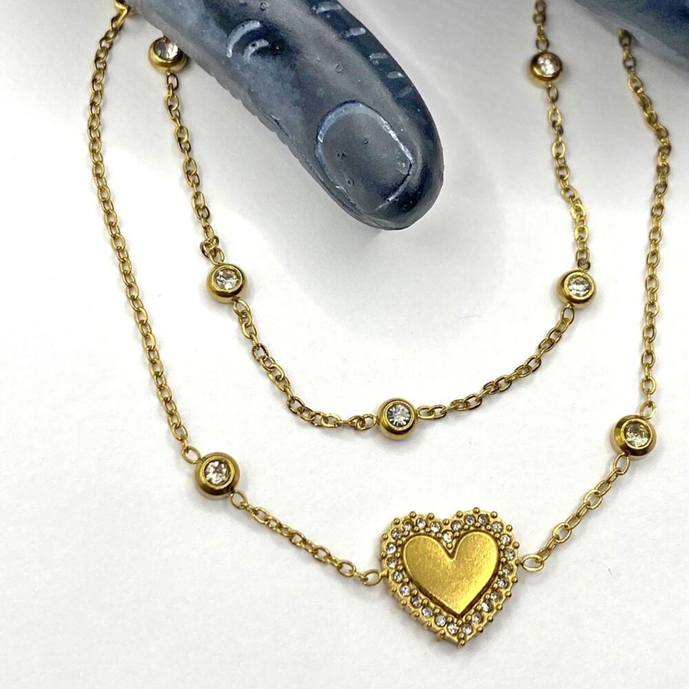NEW Rhinestone Brushed Gold Heart Layering Bracelet Set